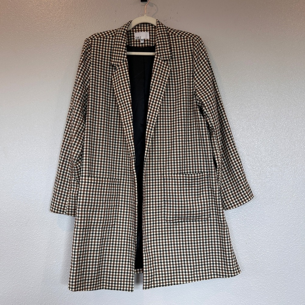DR2 Daniel Rainn Brown Gingham Check Open Front Longline Blazer Coat Large